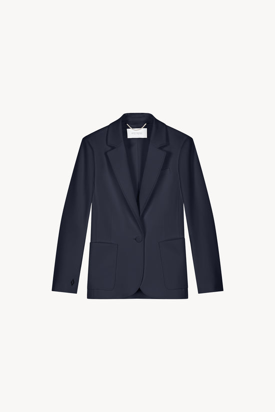 Veste tailleur cintrée marine avec col tailleur et monogramme sur les manches