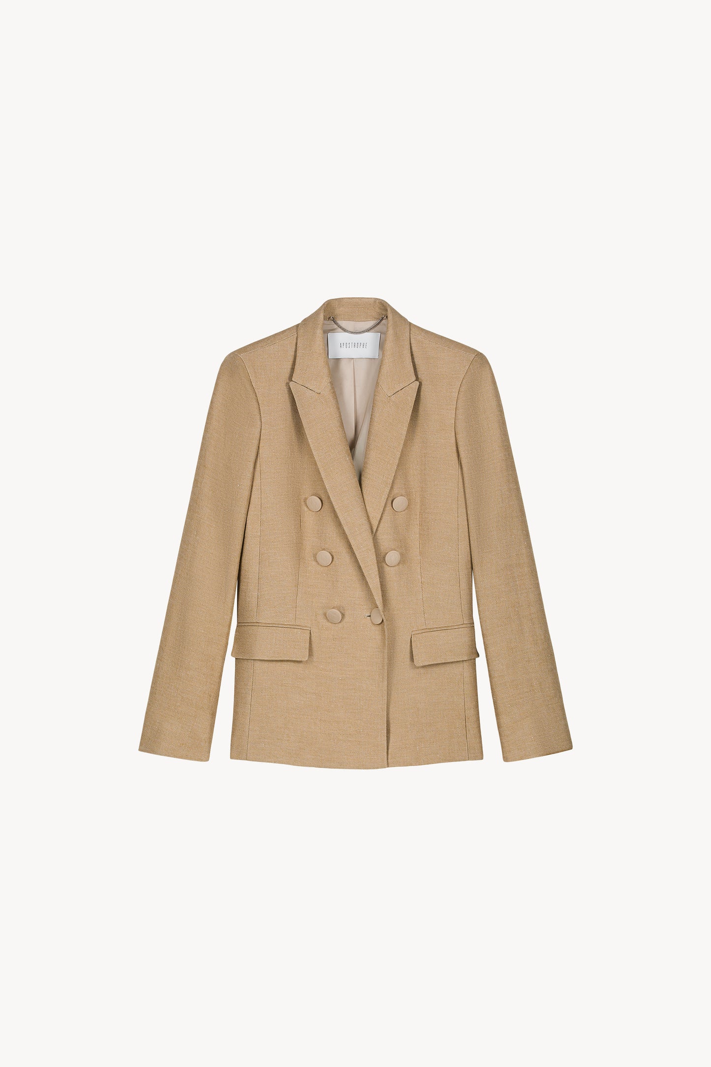 Veste de tailleur croisée cintrée beige avec poches à rabat avec col chemise ainsi que 6 boutons