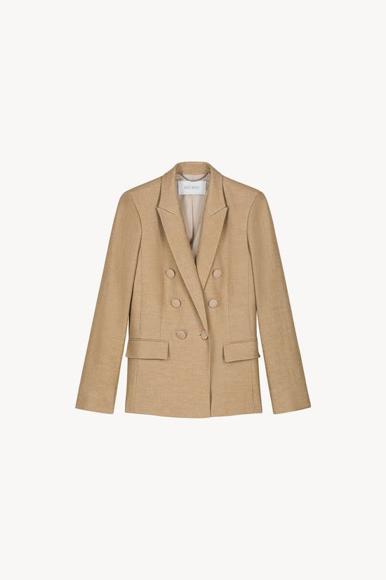 Veste de tailleur croisée cintrée beige avec poches à rabat avec col chemise ainsi que 6 boutons