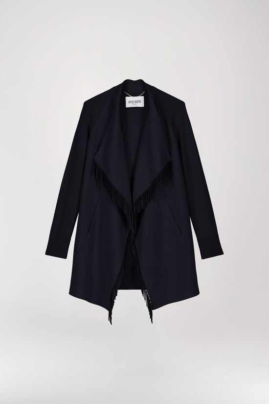 Bi-material knitted coat with navy fringes