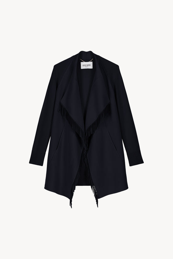 Bi-material knitted coat with navy fringes