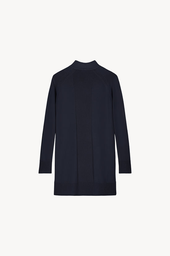 Bi-material knitted coat with navy fringes