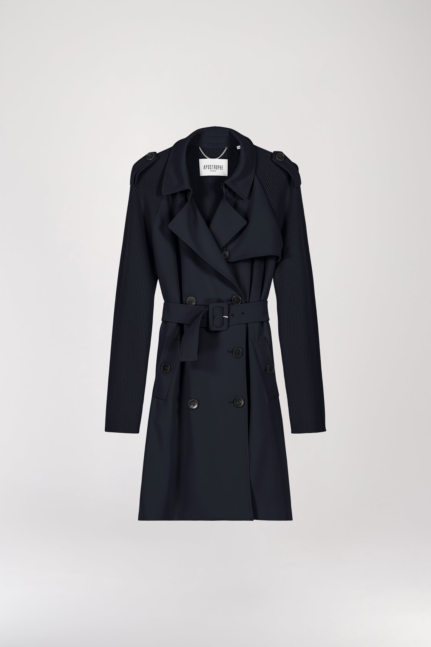 Mid-length two-material navy coat