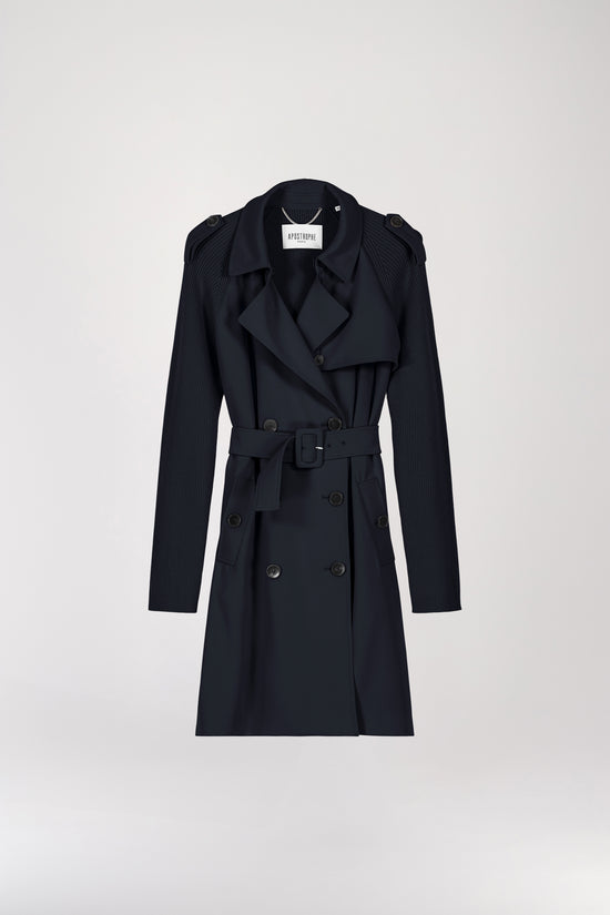 Manteau mi-long bi-matière marine