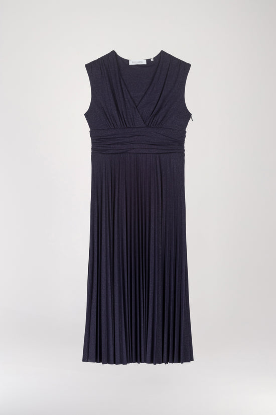 Navy sequined pleated mid-length dress