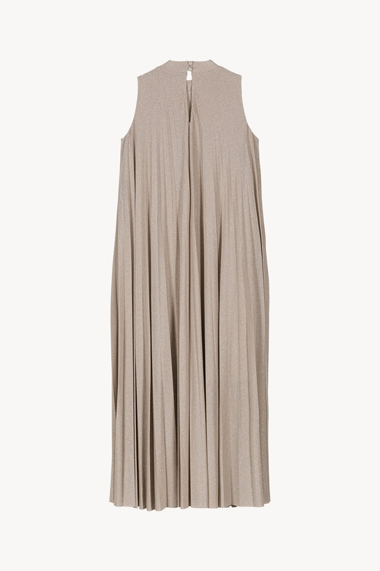Robe longue sans manches à col montant, plissée et dos fendu