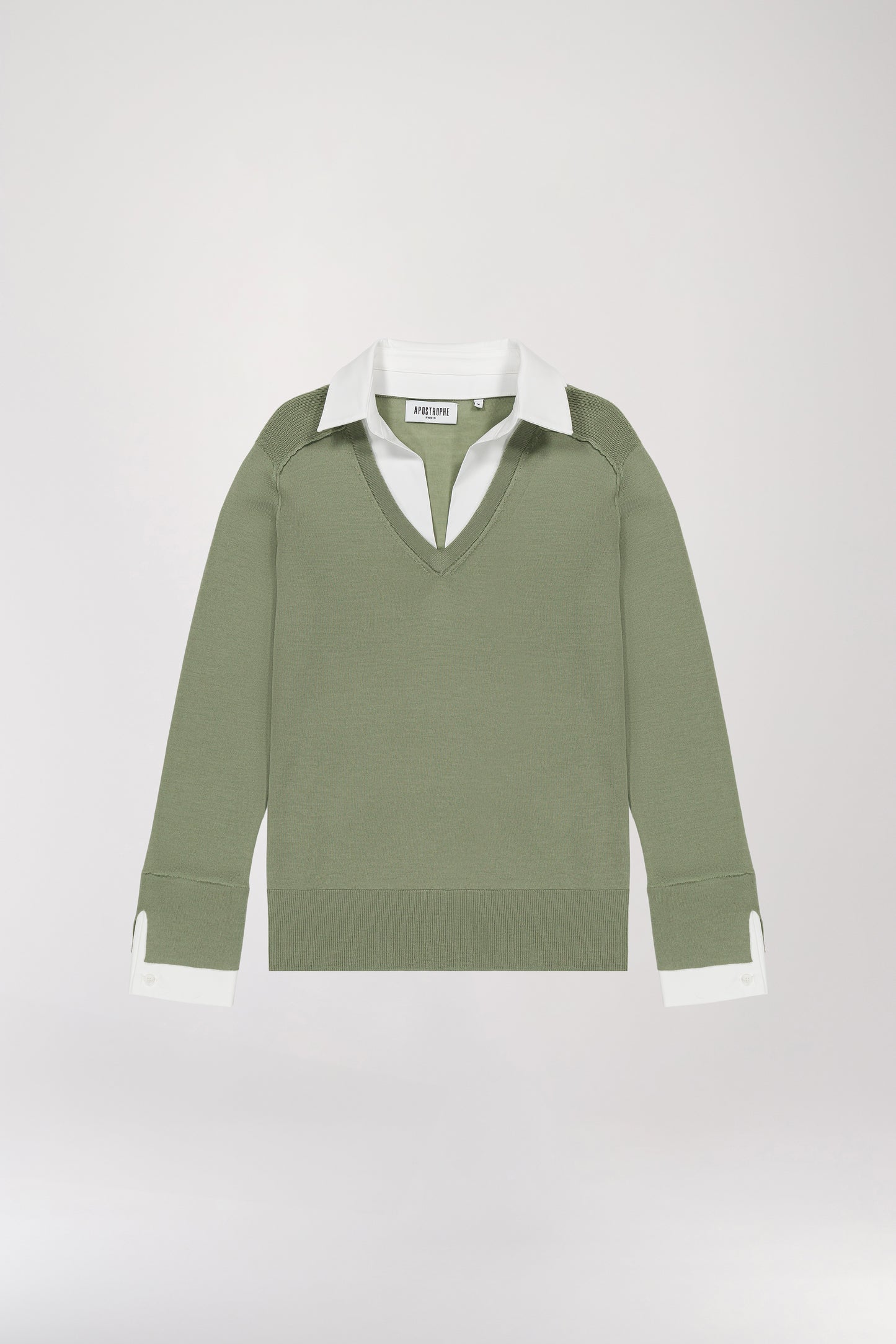 Khaki trompe-l'oeil shirt sweater