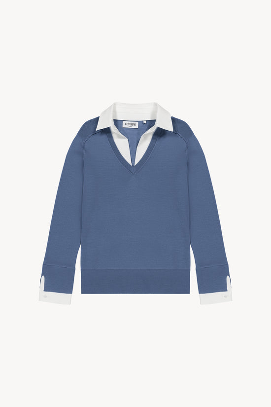 Pull chemise trompe-l'œil bleu