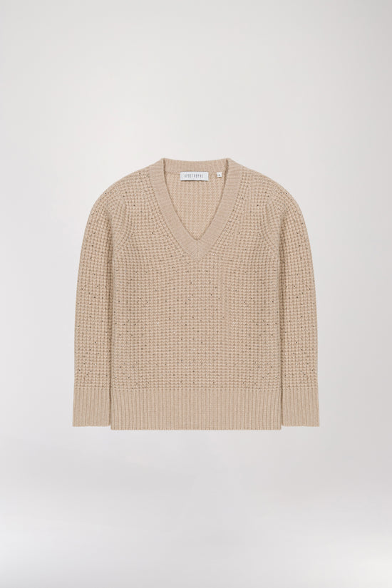 Pull col V à strass beige