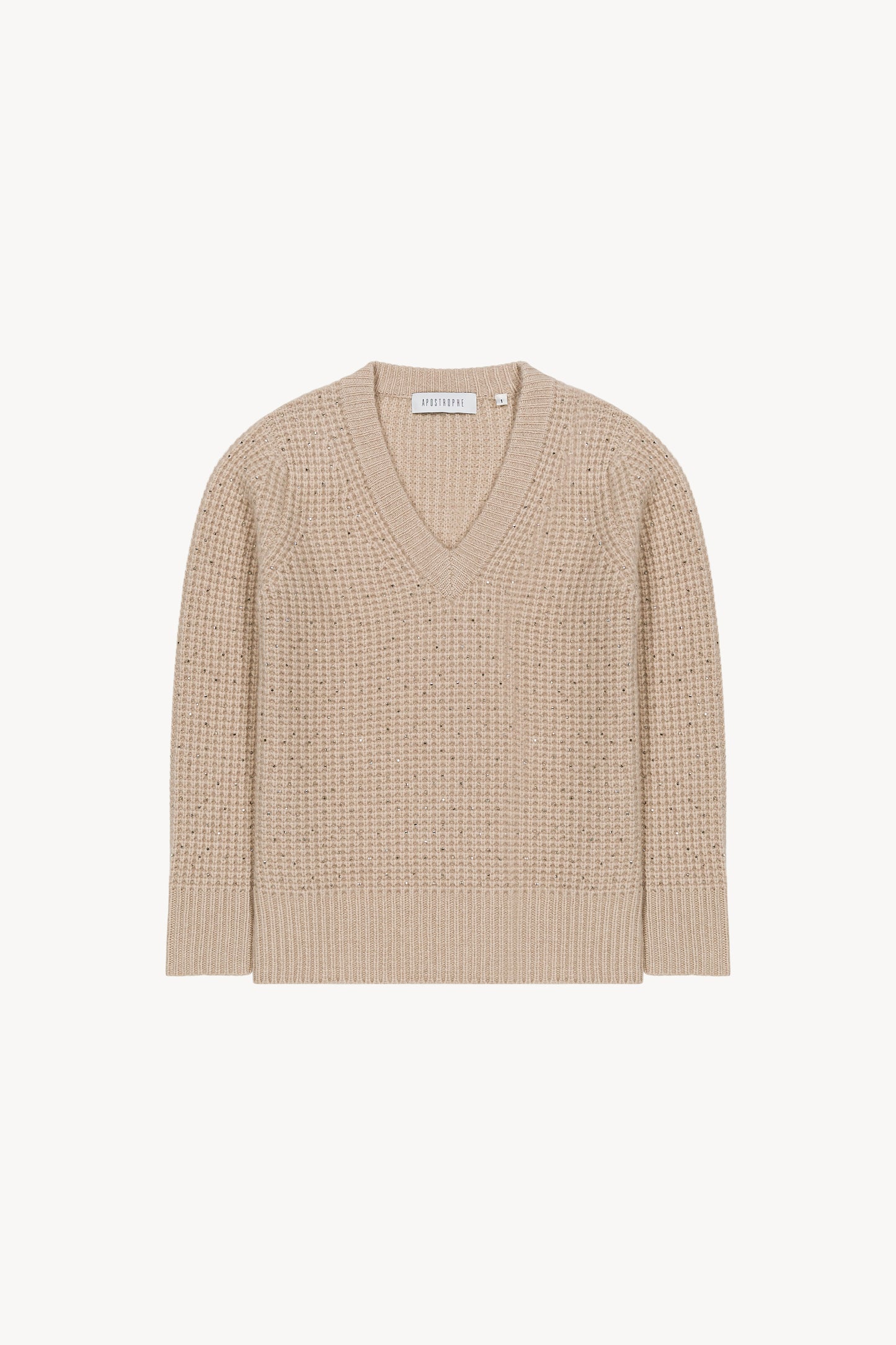 Pull col V à strass beige
