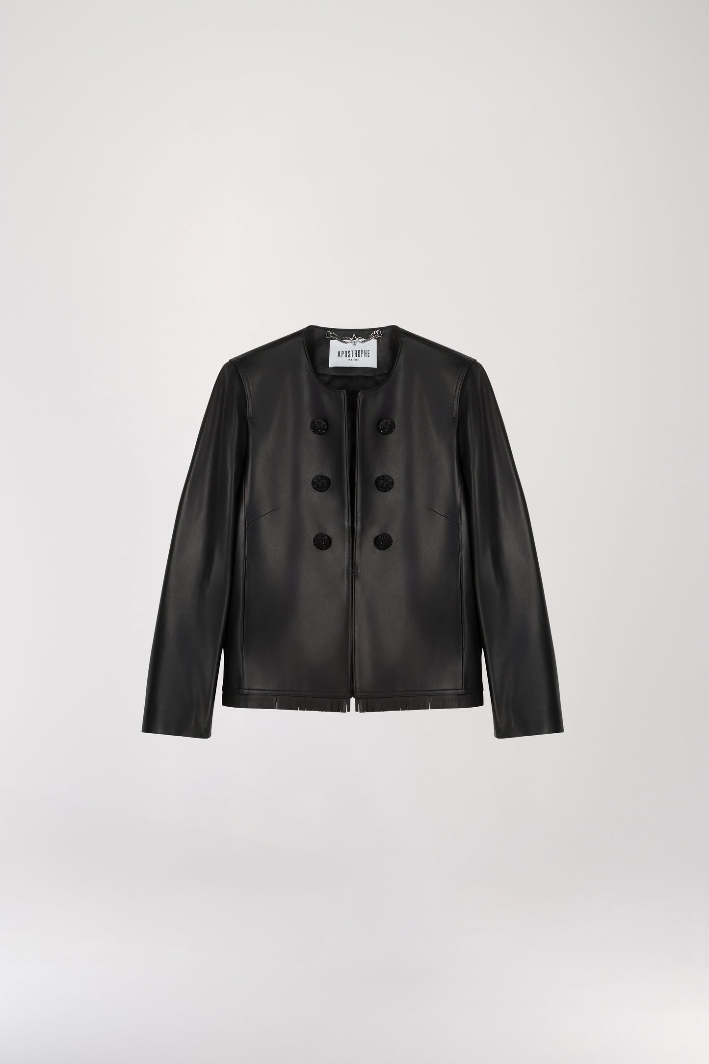 Black leather fringed suit jacket