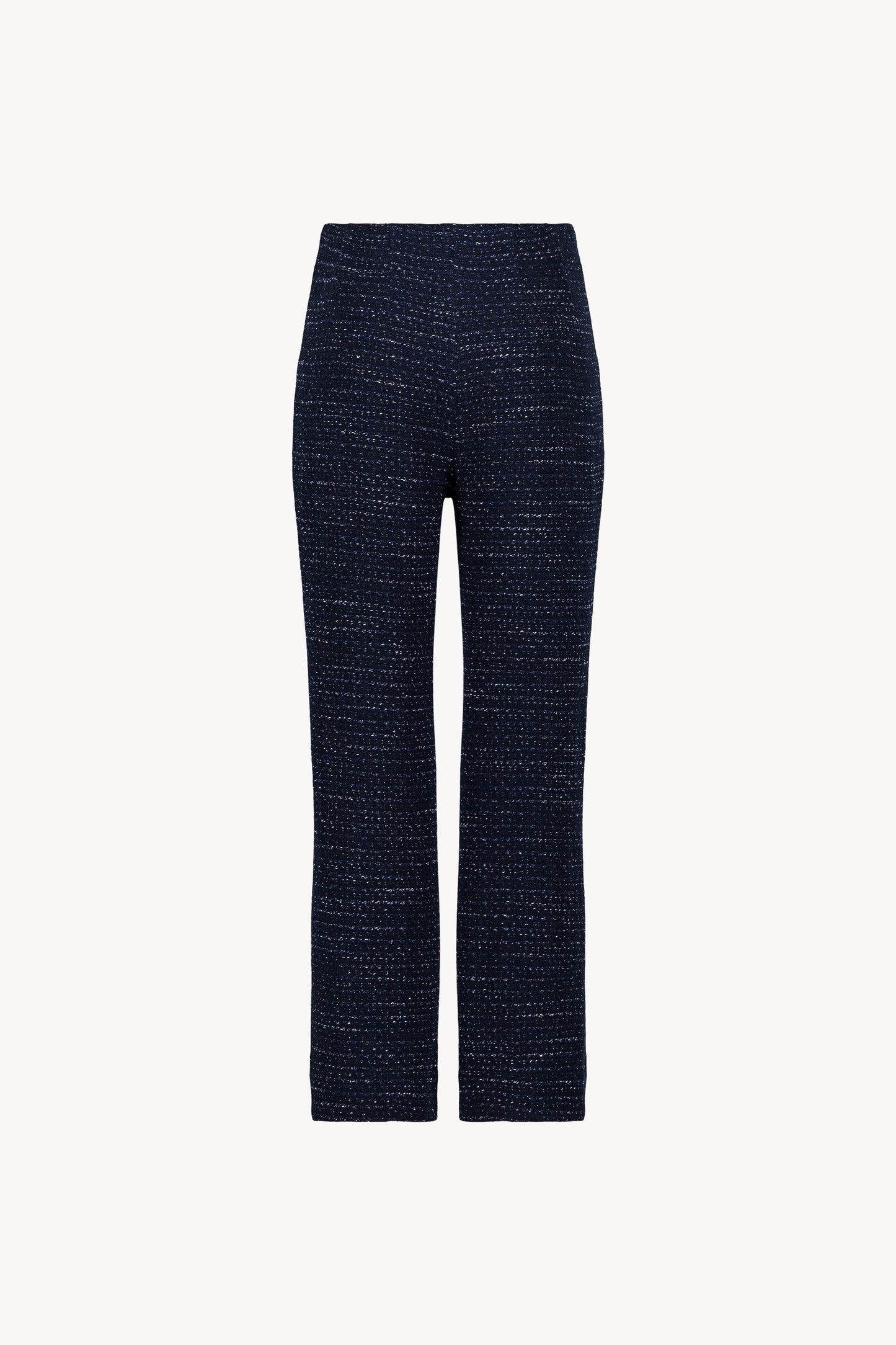 Pantalon droit en tweed marine. Sa ceinture intérieure souligne