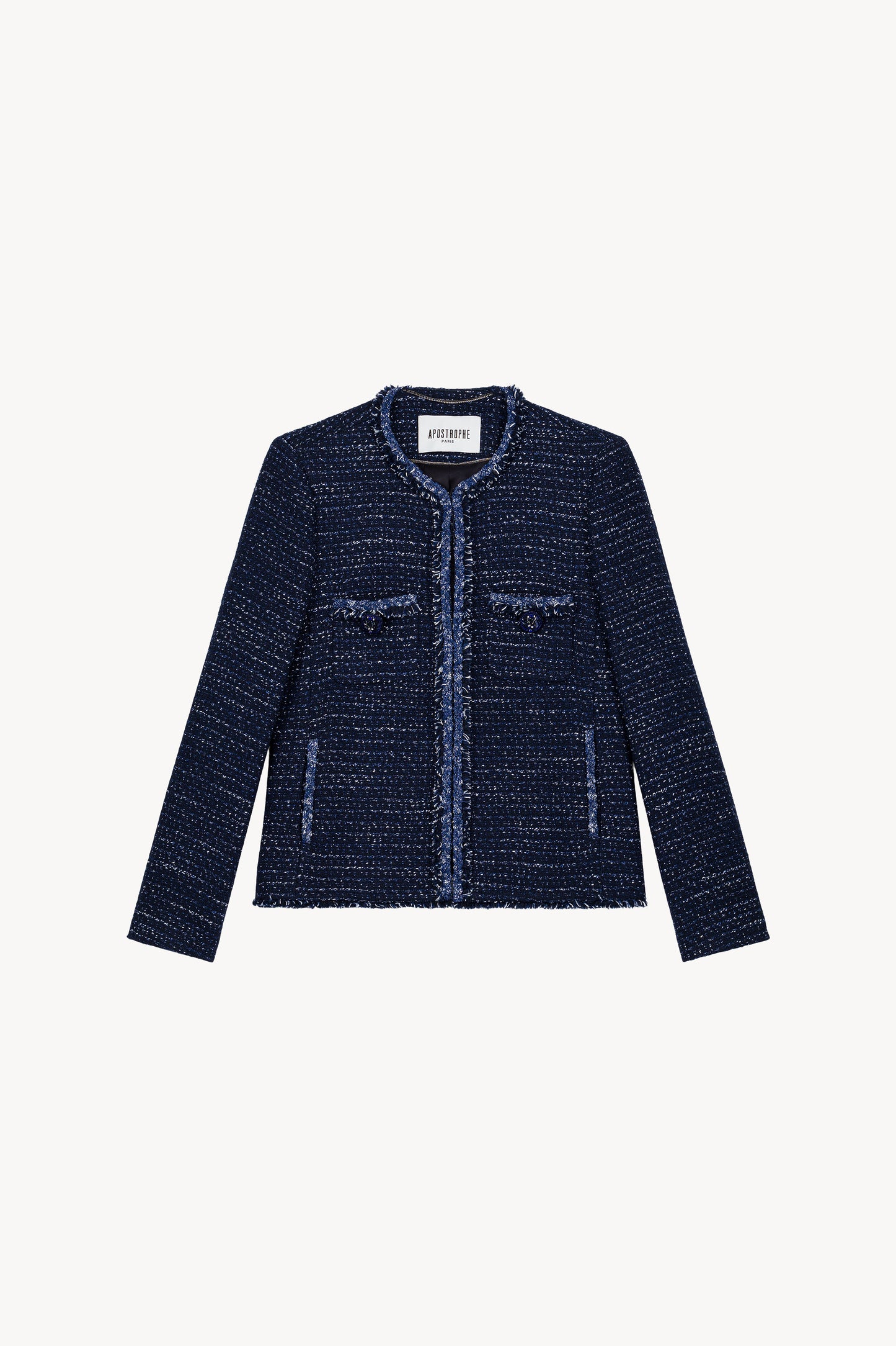 Veste en tweed marine avec détails frangés raffinés,col rond et une coupe structurée . 