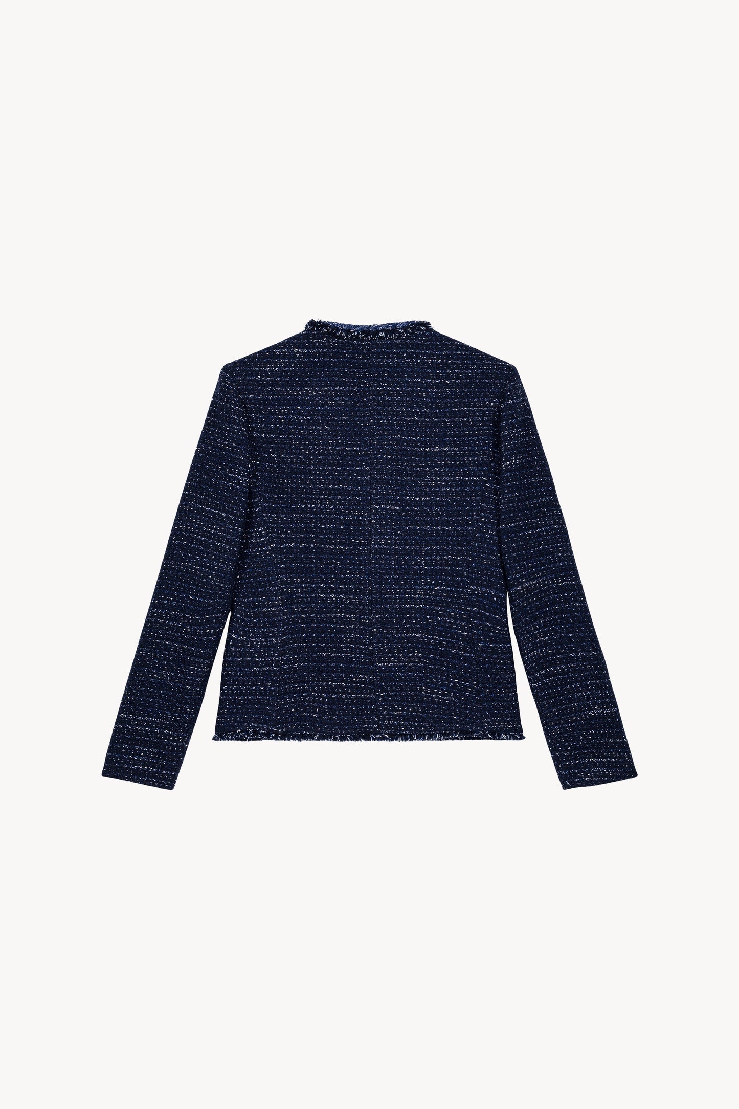Veste en tweed marine avec détails frangés raffinés et une coupe structurée . 