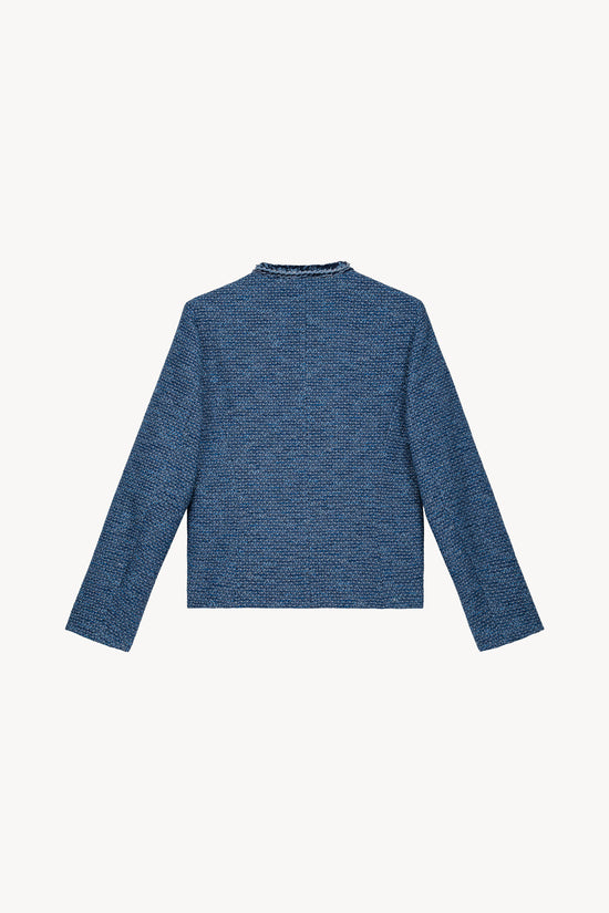 Veste en tweed bleu avec ses finitions tressées et frangées raffinées 
