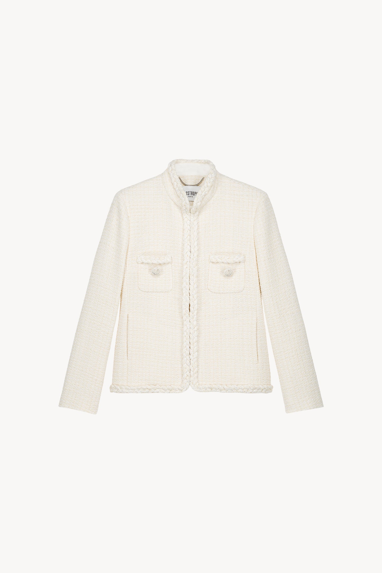 Veste en tweed blanc à col officier.