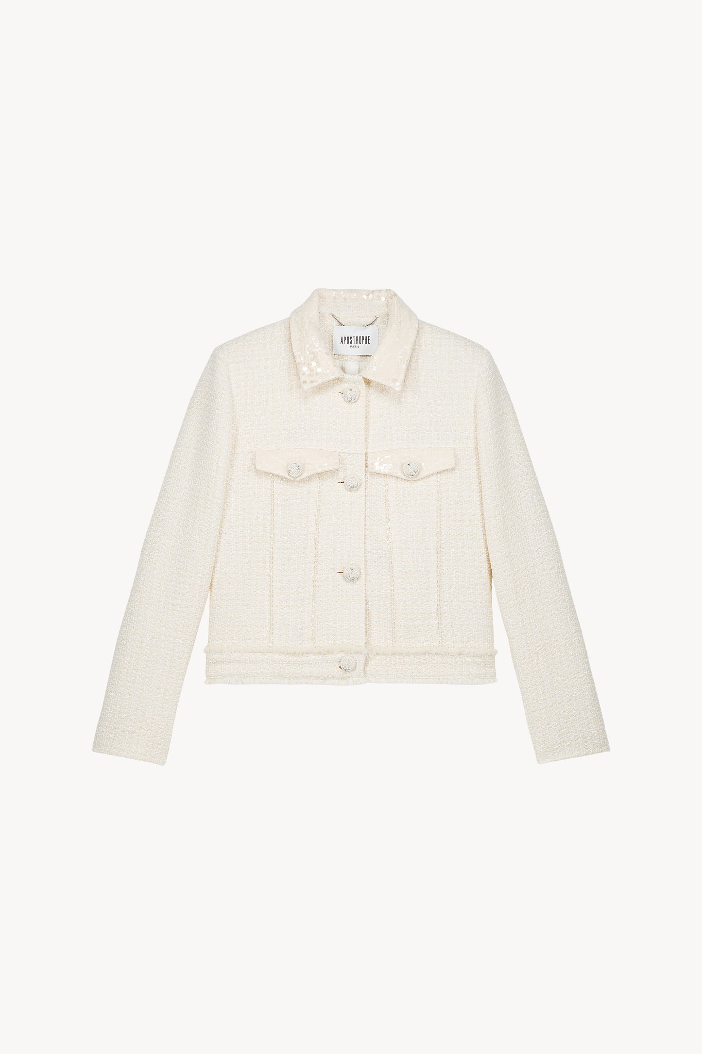 Veste en tweed blanc cassé avec sequins et boutons brodés .
