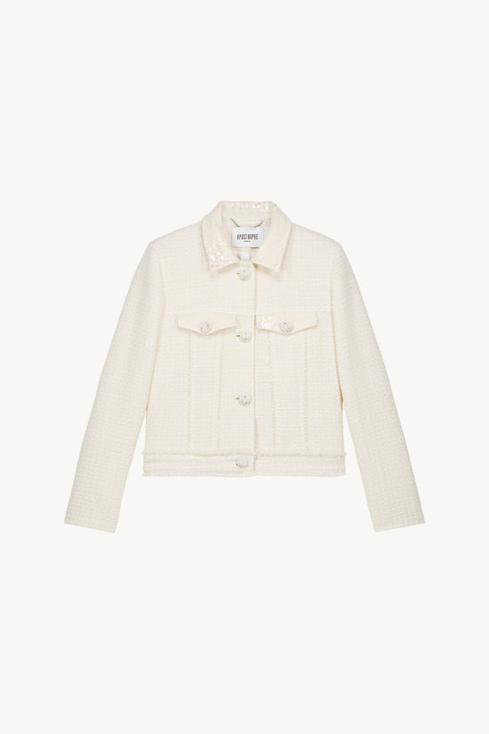 Veste en tweed blanc cassé avec sequins et boutons brodés .