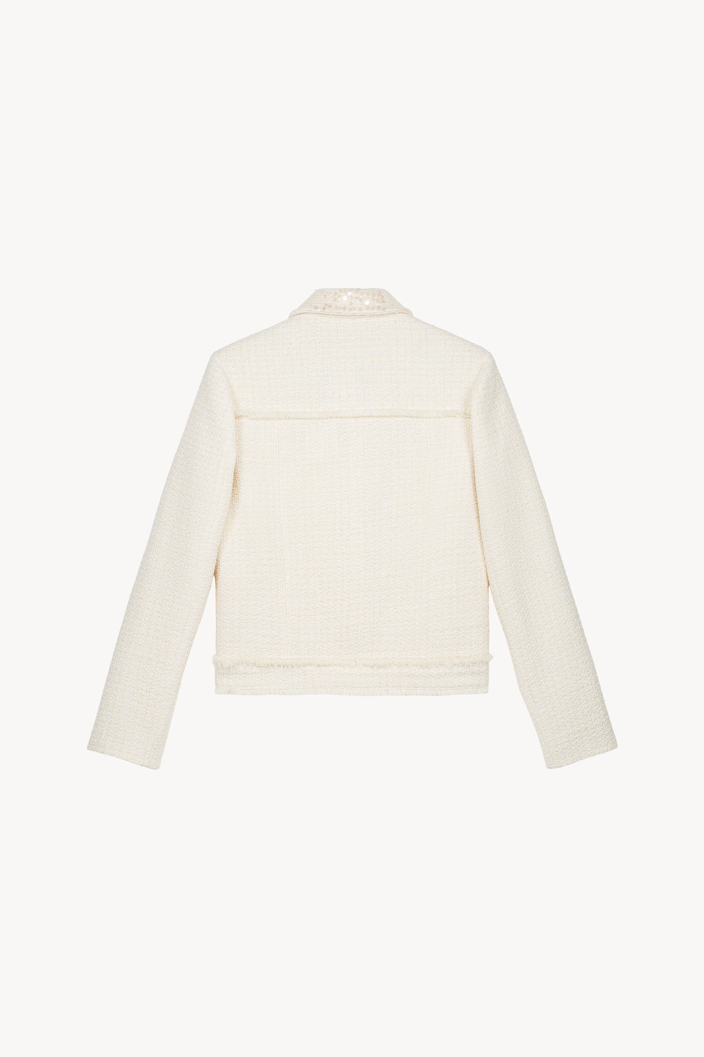 Veste en tweed blanc cassé avec sequins et boutons brodés avec une coupe droite structurée .