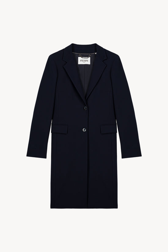 Manteau long (mi-mollet) en laine bleu marine avec une  coupe droite et structurée, associée à un col tailleur.