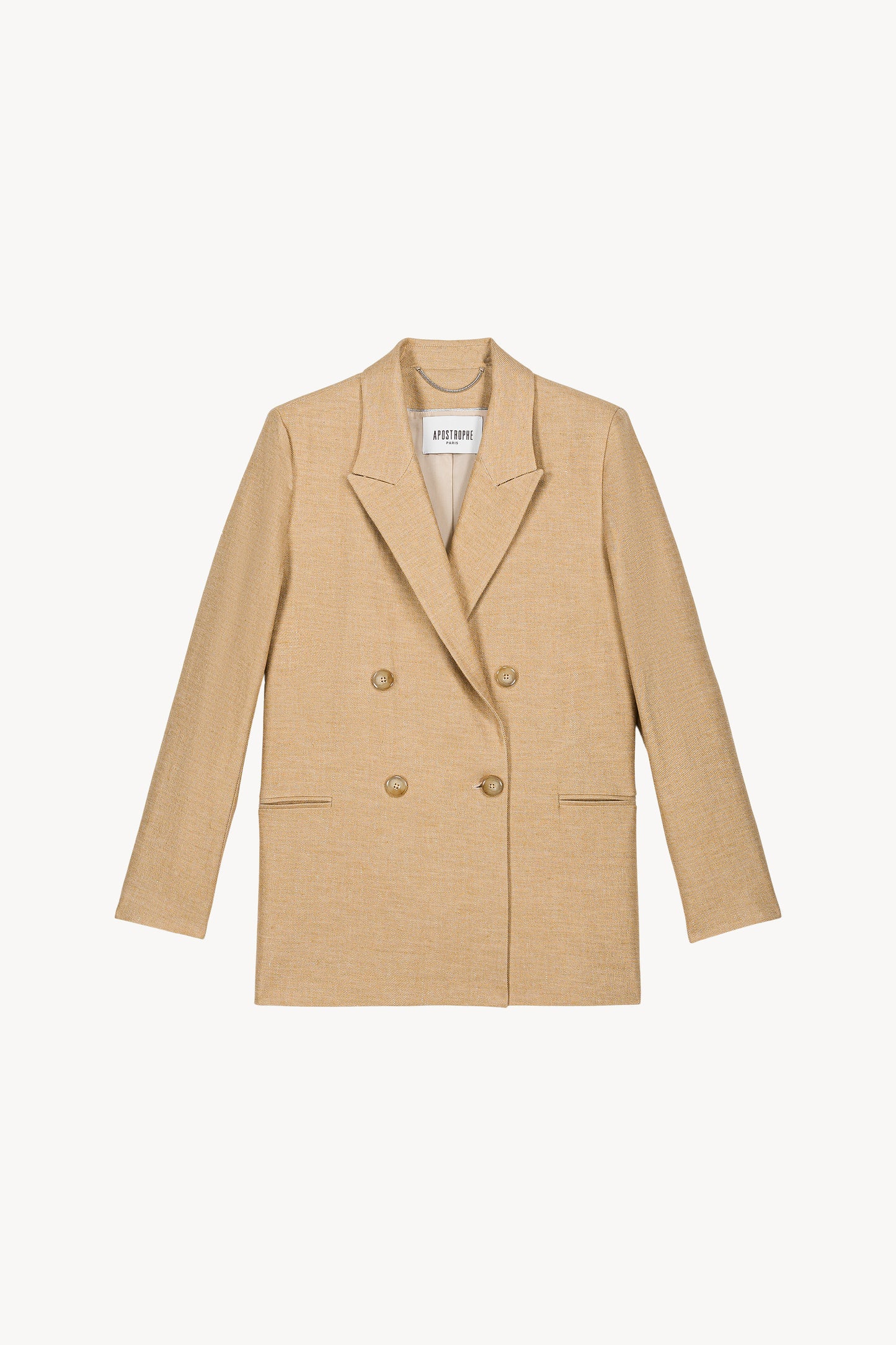 Veste tailleur croisée beige moyen en lin , avec quatre boutons ton sur ton et poches passepoilées.