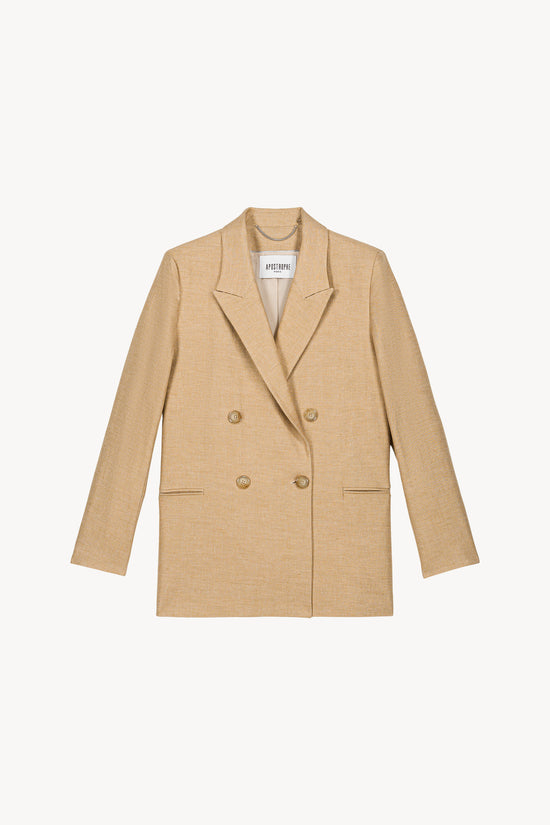Veste tailleur croisée beige moyen en lin , avec quatre boutons ton sur ton et poches passepoilées.
