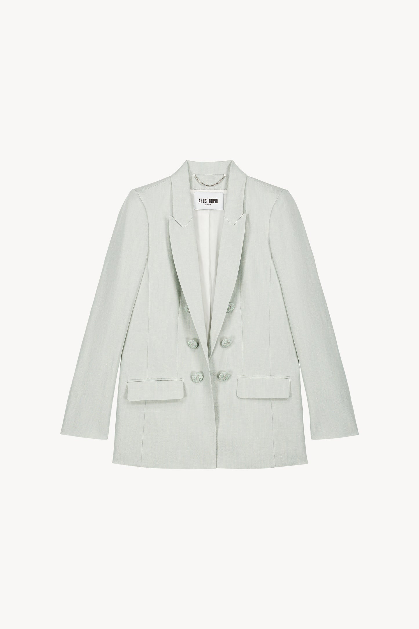 Veste tailleur croisée avec boutons bombés gravés en vert d'eau