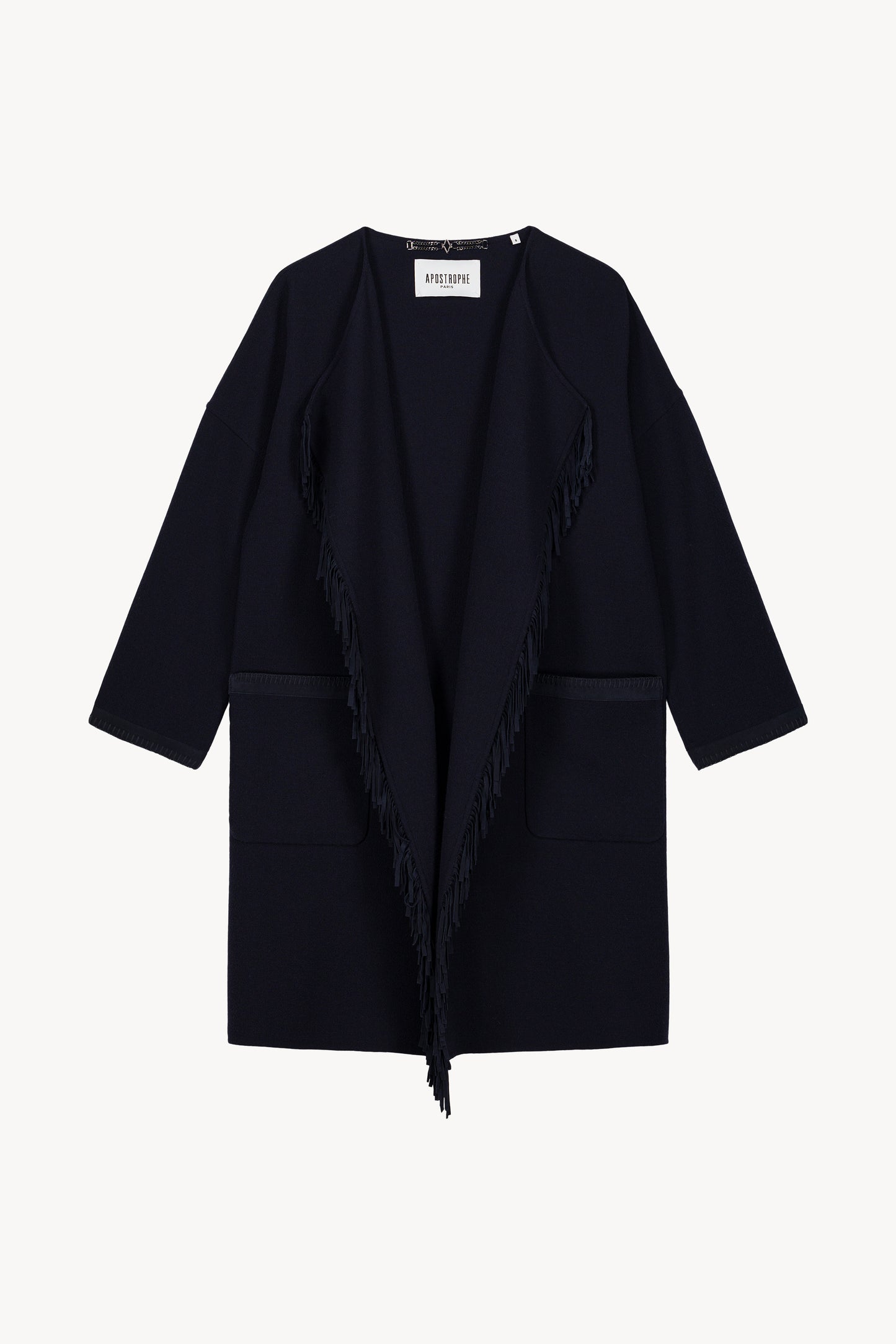 Manteau croisé en double face crêpe avec franges en daim