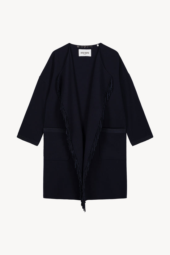 Manteau croisé en double face crêpe avec franges en daim