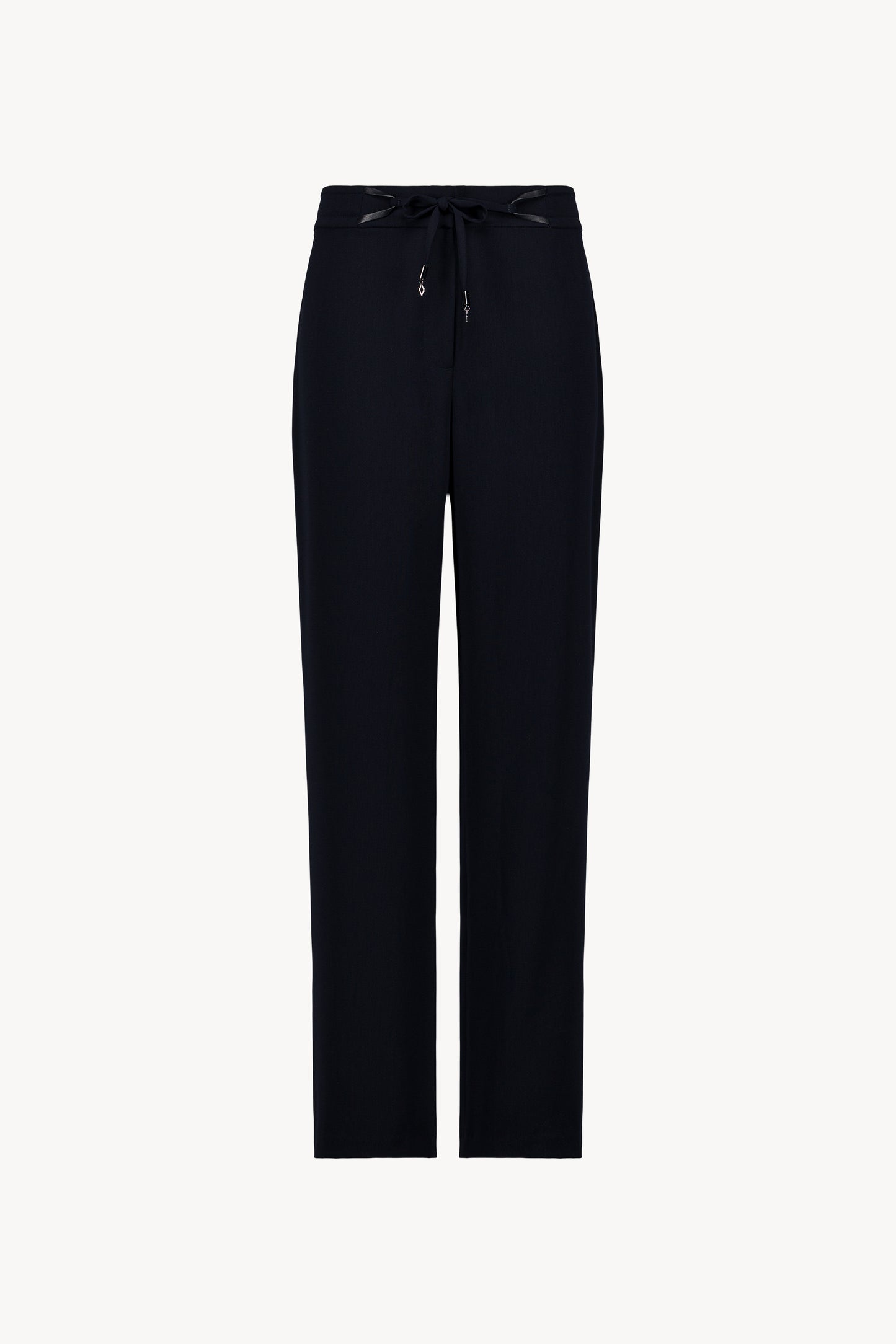 Pantalon fluide marine Apostrophe avec ceinture élastiquée et cordon en cuir pour une coupe droite élégante.