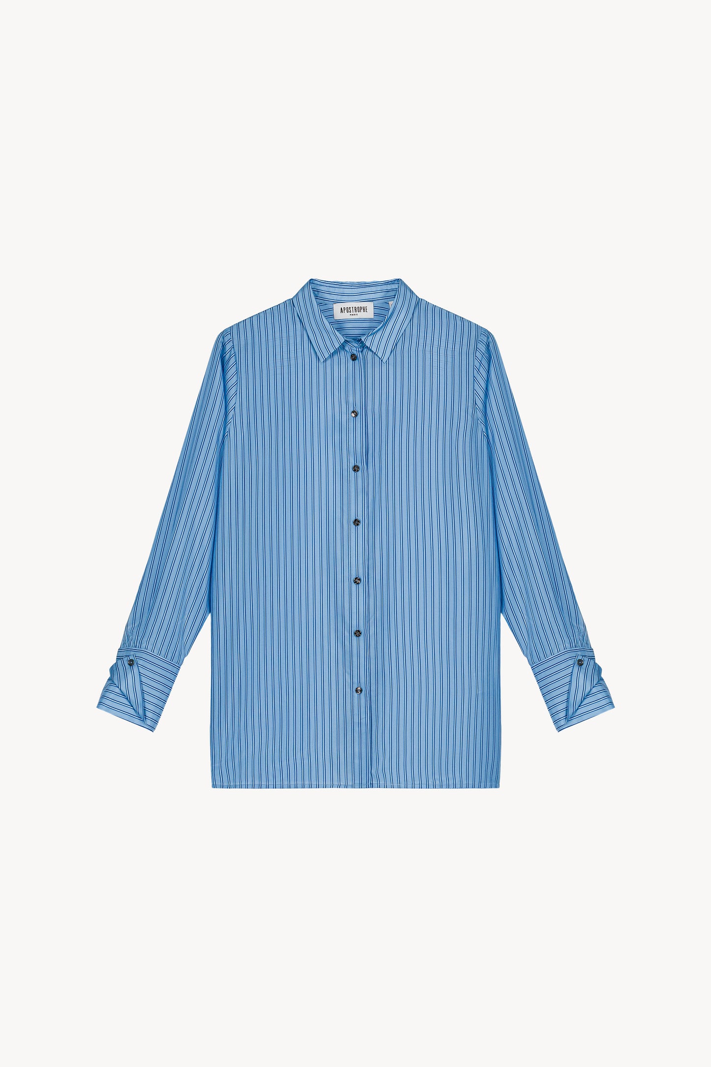 Chemise fluide en soie habotai bleu denim avec rayures fines, poignets doubles et boutons gravés