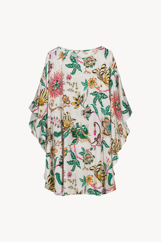 Robe fluide à imprimé jungle tropical avec manches amples et encolure ronde.