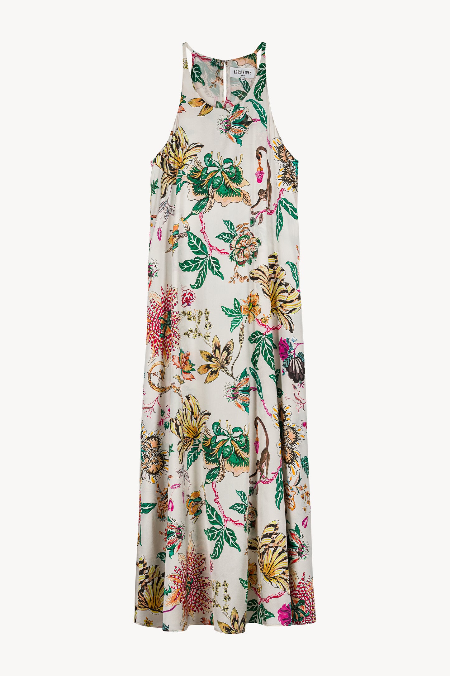 Cette robe longue à imprimé floral éclatant, avec ses emmanchures américaines