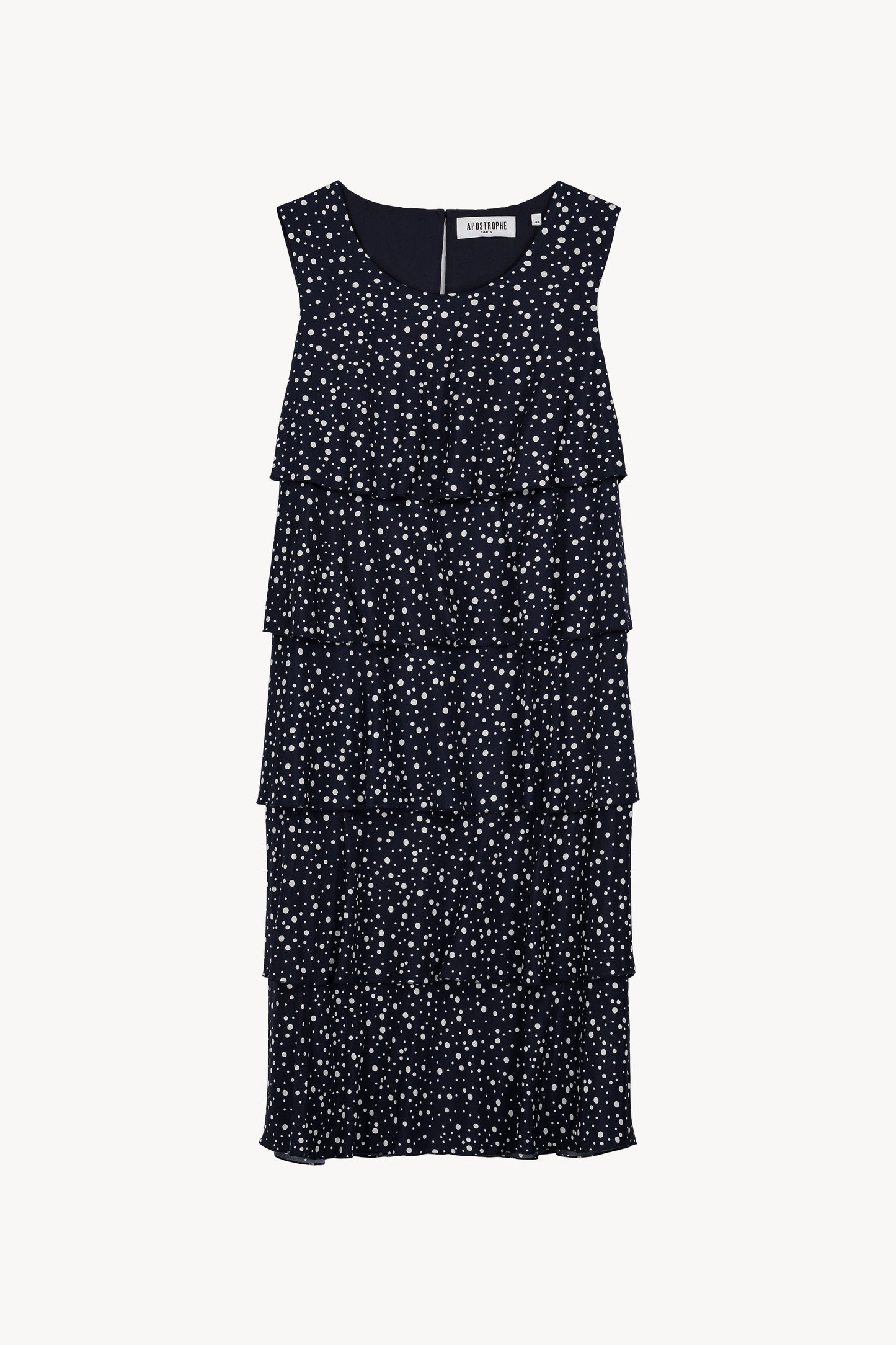 Robe marine à pois avec coupe fluide, volants superposés et encolure ronde