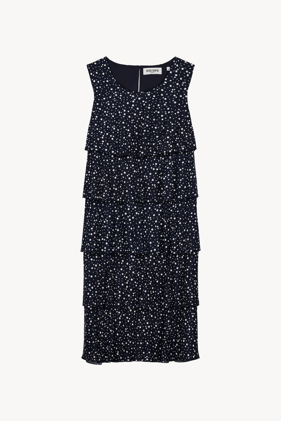 Robe marine à pois avec coupe fluide, volants superposés et encolure ronde