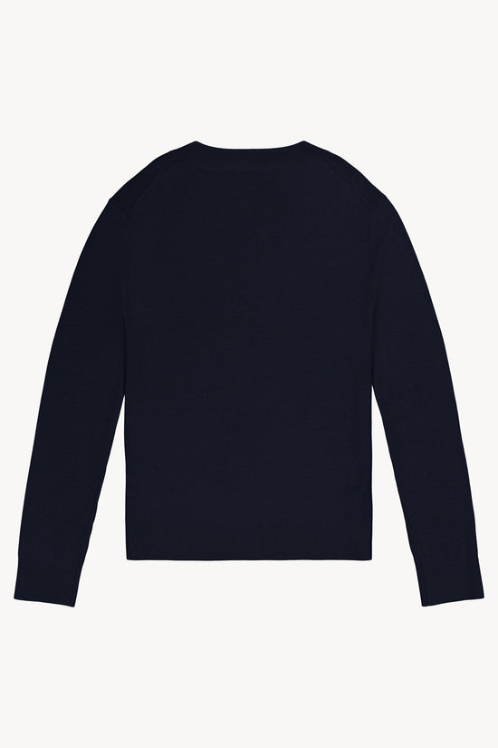 Élégant pull marine en maille légère, avec col V et coupe fluide .