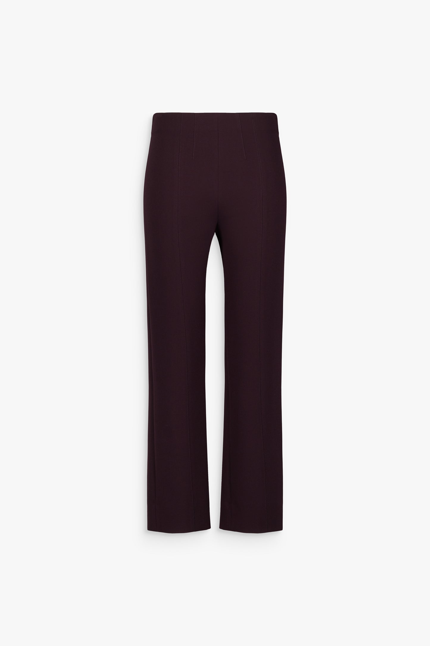 Pantalon droit grenat, plis marqués et silhouette structurée.