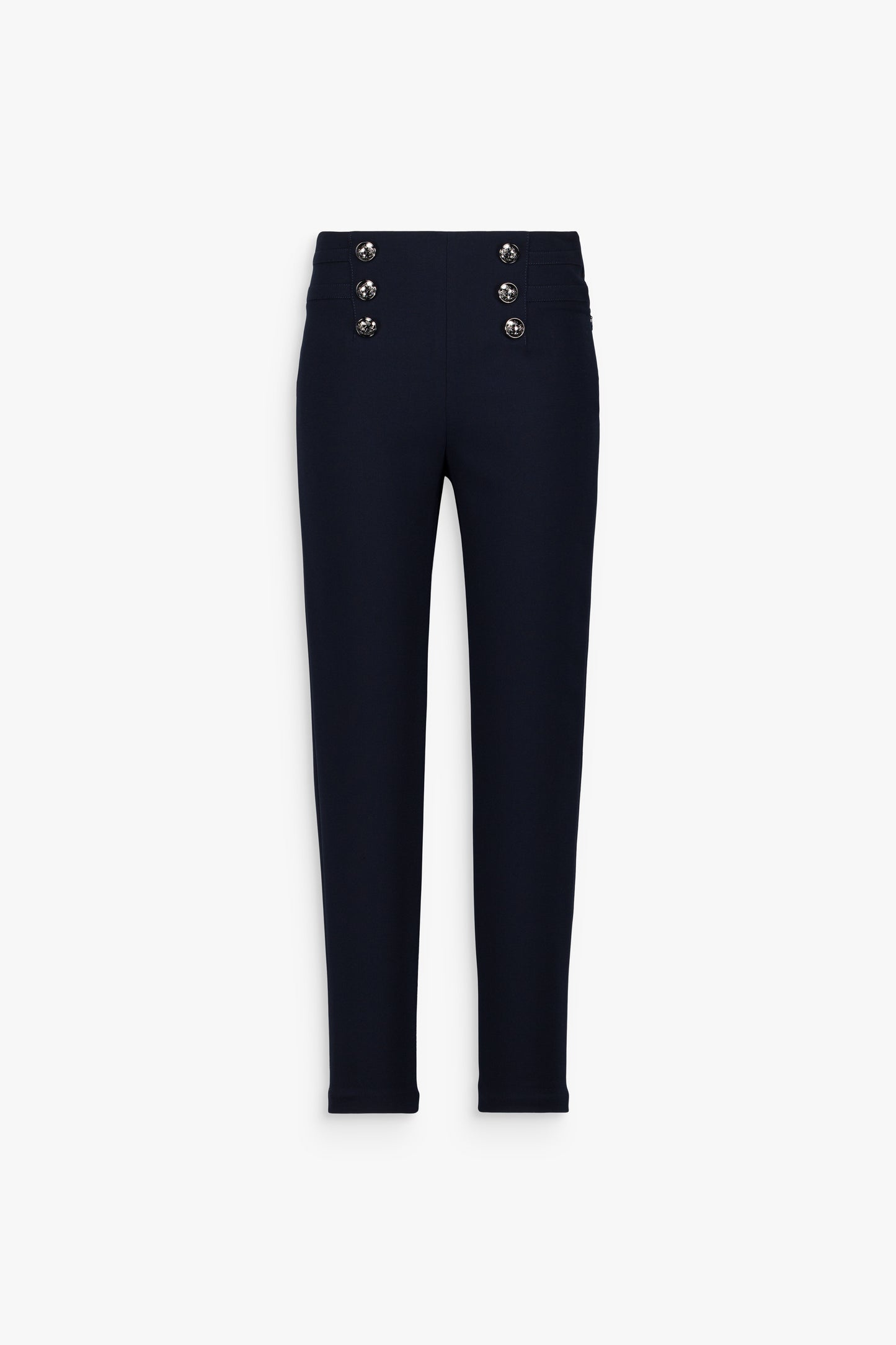 Pantalon droit marine, boutons argentés floraux et ceinture élastique subtile.