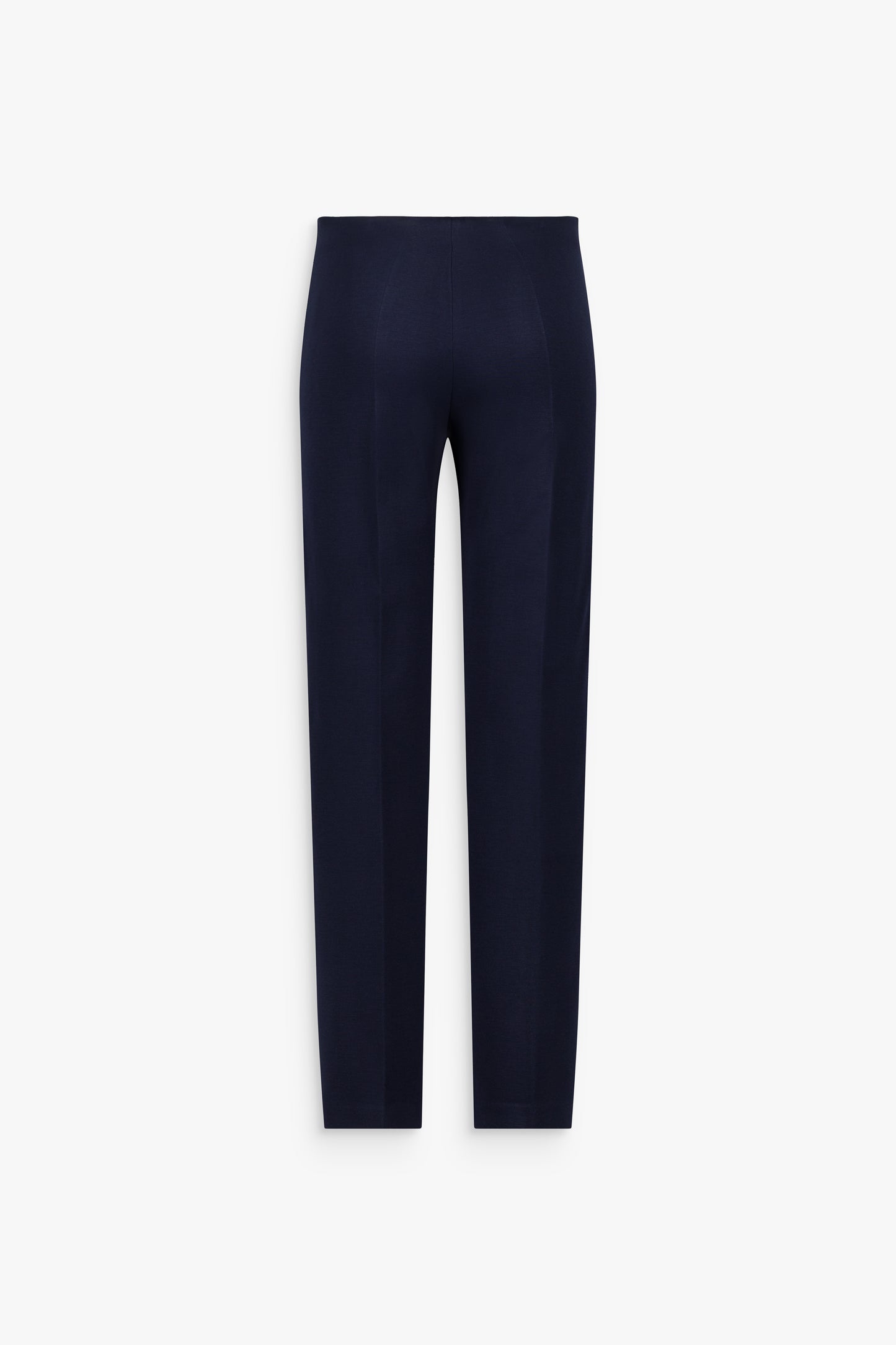 Pantalon droit marine, plis marqués et taille élastiquée pour une silhouette soignée.