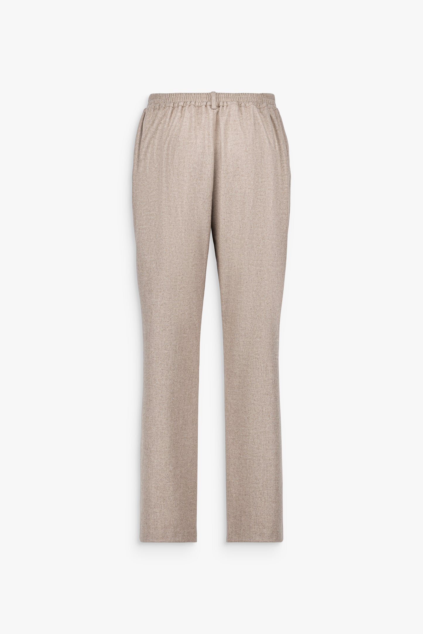 Pantalon droit taupe, laine et cachemire, coupe fluide et élégante.