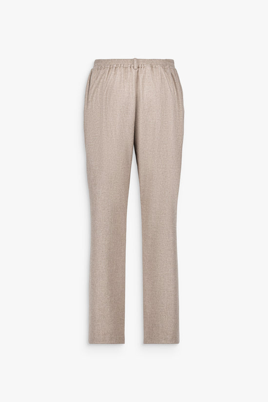 Pantalon droit taupe, laine et cachemire, coupe fluide et élégante.