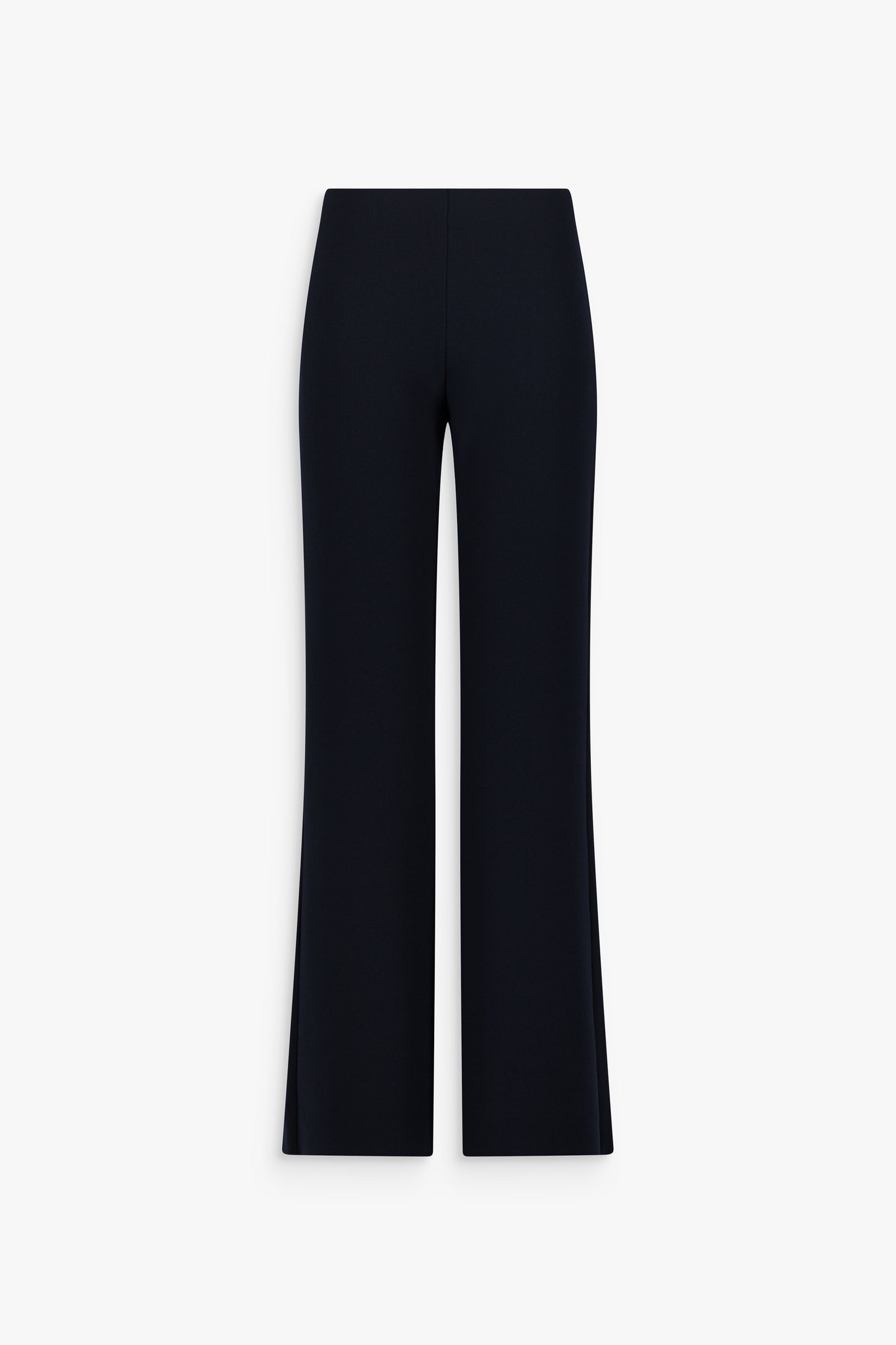 Pantalon évasé marine à plis, coupe fluide et raffinée.