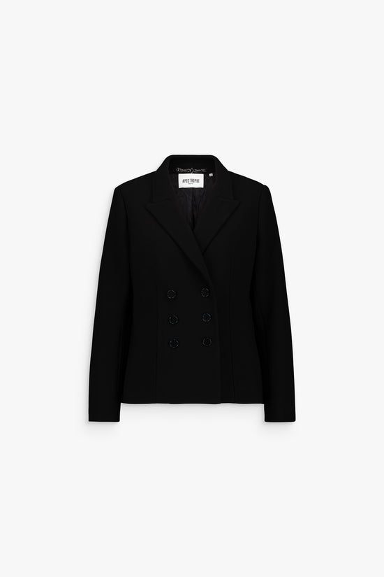 Veste tailleur noire, coupe ajustée et tombé structuré pour une allure chic.