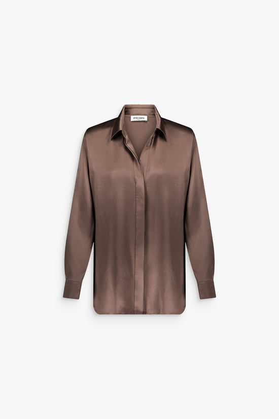 Chemise taupe moyen, col mao et encolure en V, coupe droite fluide.