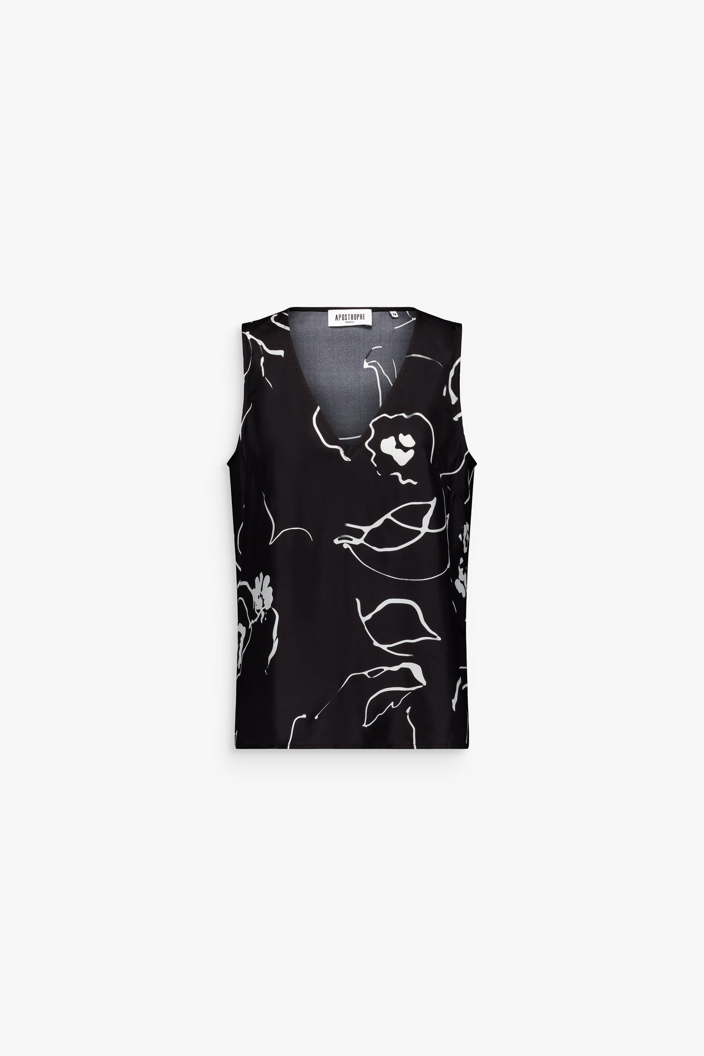 Top noir sans manches à imprimé floral délicat et coupe droite.
