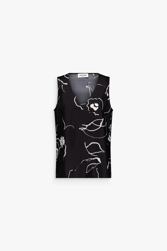 Top noir sans manches à imprimé floral délicat et coupe droite.