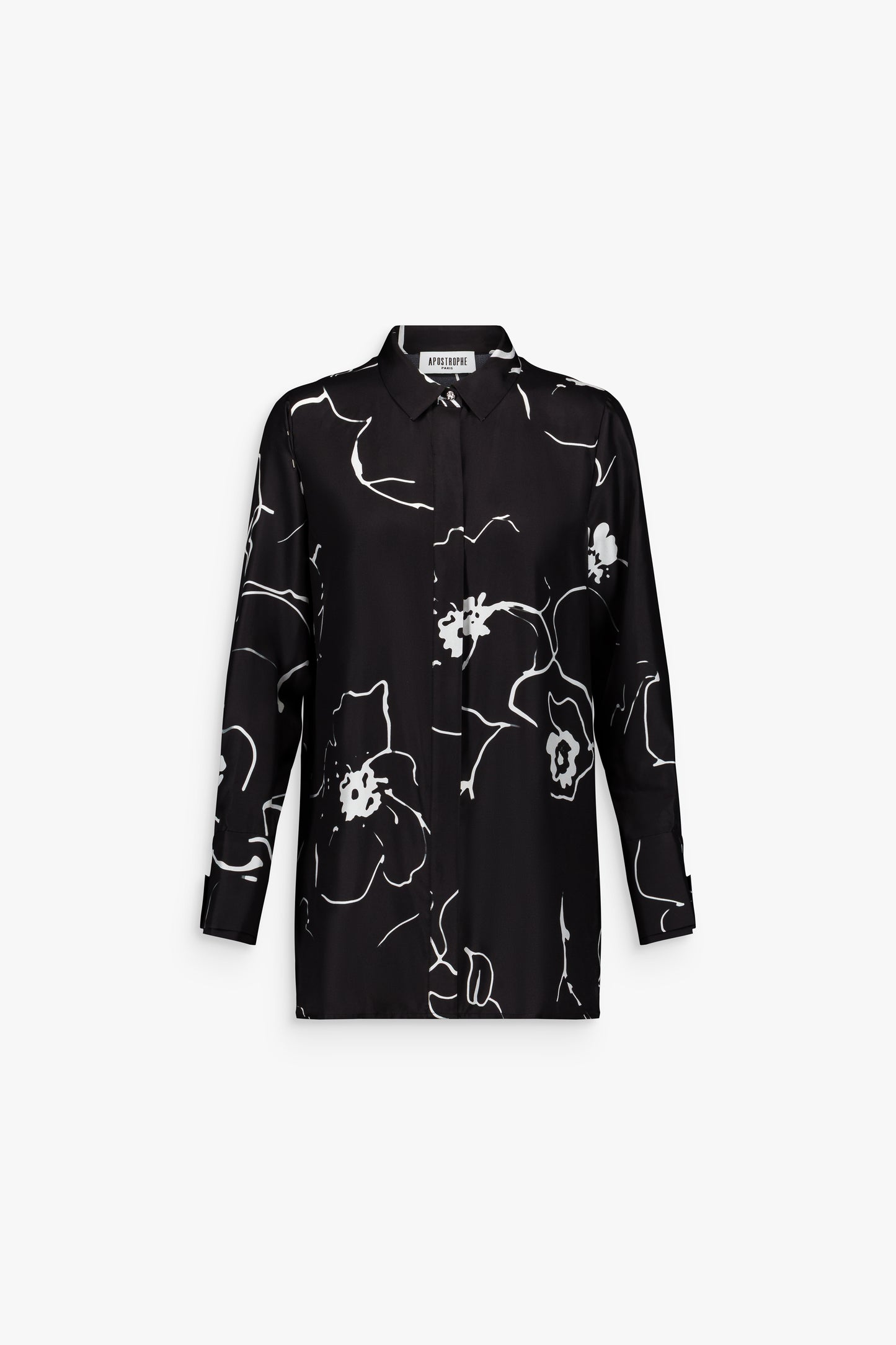 Chemise noire fleurie en soie, col mao et manches raglan pour une silhouette harmonieuse.