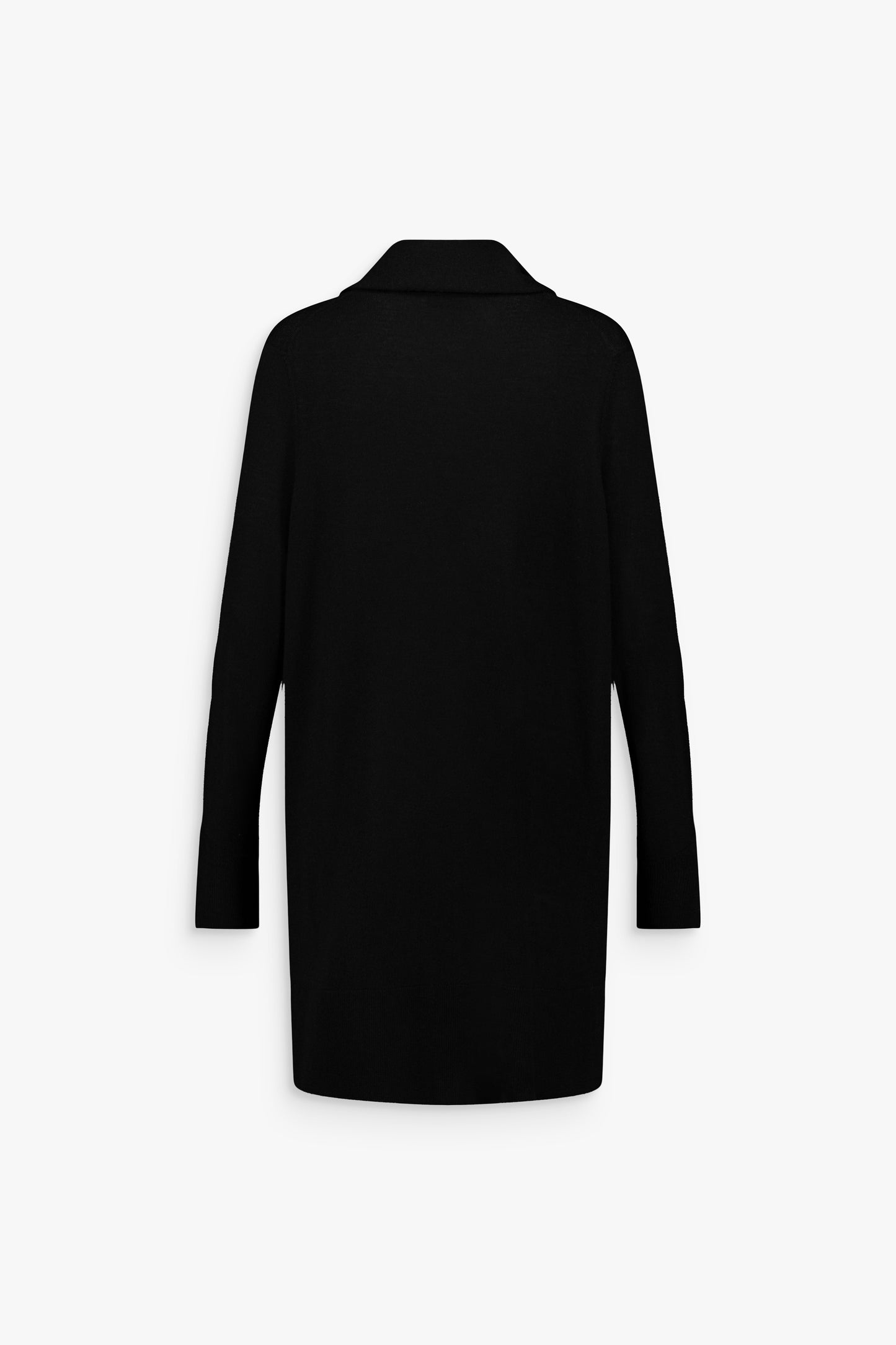 Gilet long noir, sans bouton, silhouette enveloppante et fluide.