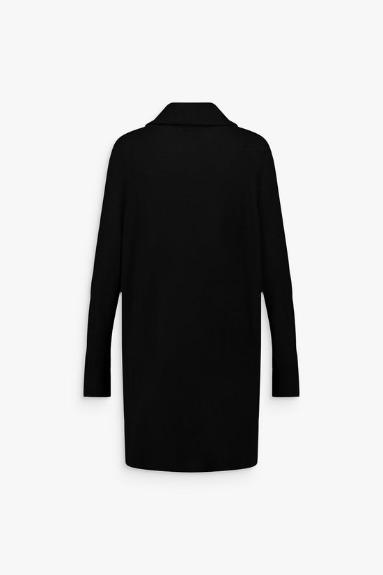 Gilet long noir, sans bouton, silhouette enveloppante et fluide.