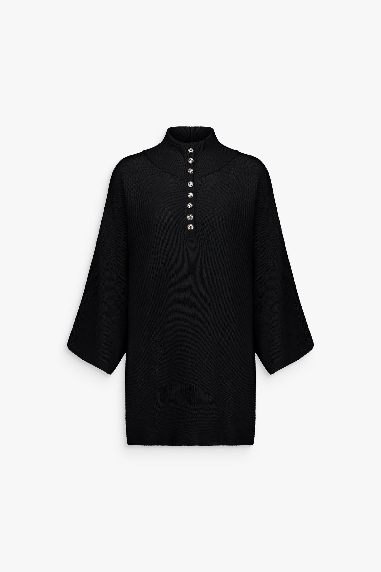 Pull col roulé en laine, noir profond, coupe droite et détails argentés.